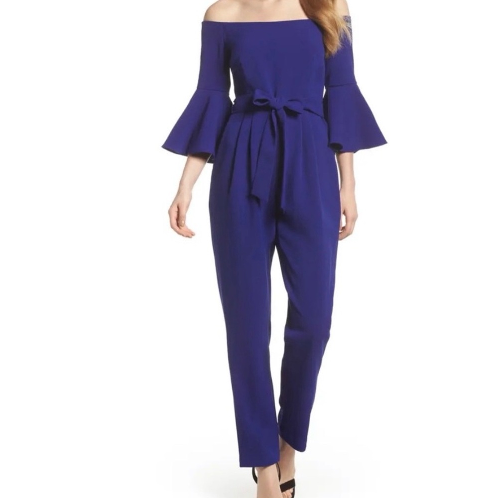 Eliza J Size Jumpsuit Off Shoulder Bell Sleeve. Royal Cobalt Blue.  Size 6
